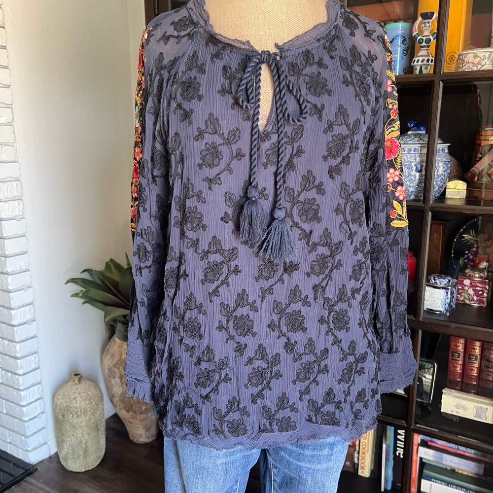 Sundance Blue Long Sleeve Tie Front Blouse